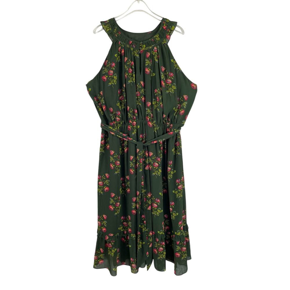 Point Sur High-Neck Ruffle Floral Midi Dress Dark Floral Ruffled Romantic Sz 16